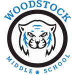 Woodstock Middle School logo featuring a stylized tiger face in blue and black within a circular design.