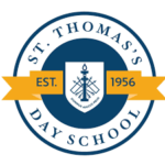St. Thomas's Day School emblem with blue and gold colors, established 1956, featuring a shield with torches.