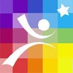 Abstract colorful logo with a person silhouette and star, on a mosaic background of vibrant squares.