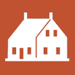 Icon of a white house with two chimneys on a terracotta background, representing real estate or home building themes.
