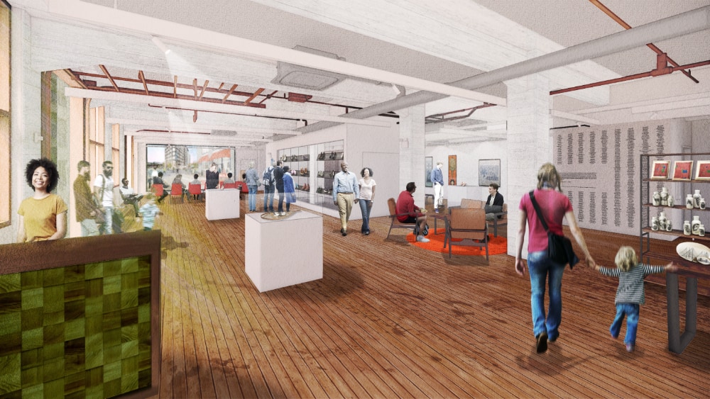 An artist rendering of the interior of the Historic New England Center in Haverhill. People are shown viewing exhibits.