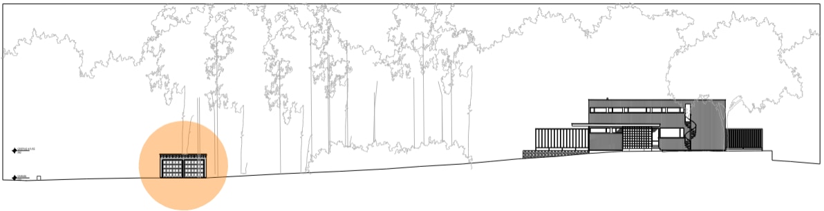 Site Section showing the garage  area’s (in orange) relationship to the Gropius House. A CAD file can be found in the project drive Site section graphic created and provided by NADAAA.
