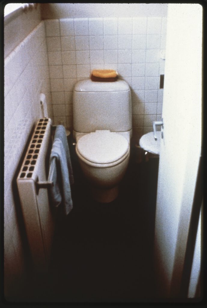 A photo of a toilet in the Gropius Bathroom, next to a radiator.