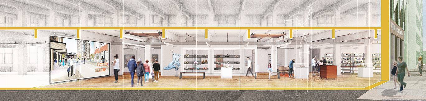 Architectural rendering of the first floor of The Historic New England Center interior, showing visitors walking through a large, open space displaying the Shoe Stories exhibition.