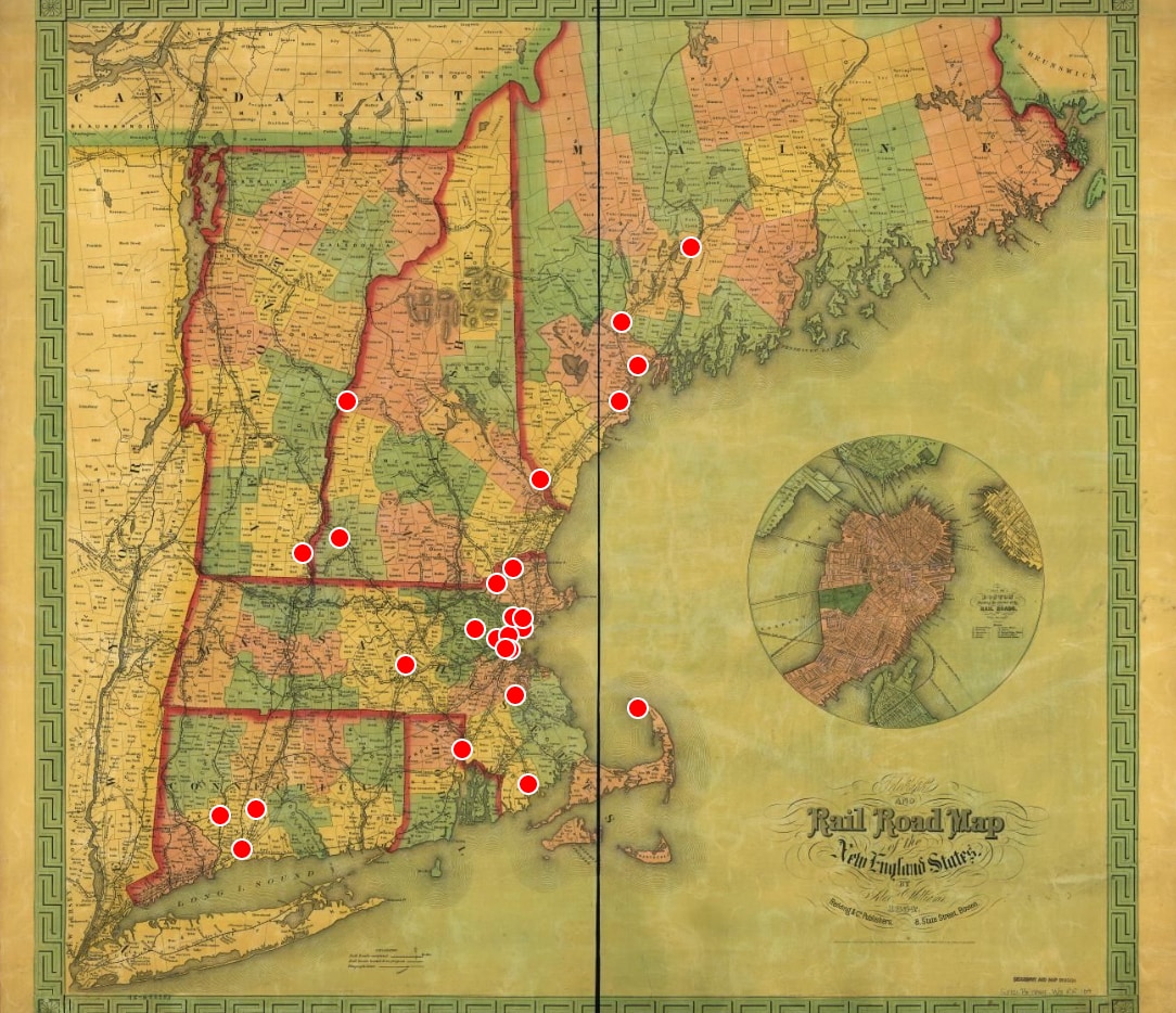 A map showing the New England states of Maine, New Hampshire, Vermont, Massachusetts, Connecticut, and Rhode Island. The map includes lines across town and state borders showing the railroad lines crisscrossing the region in 1843.