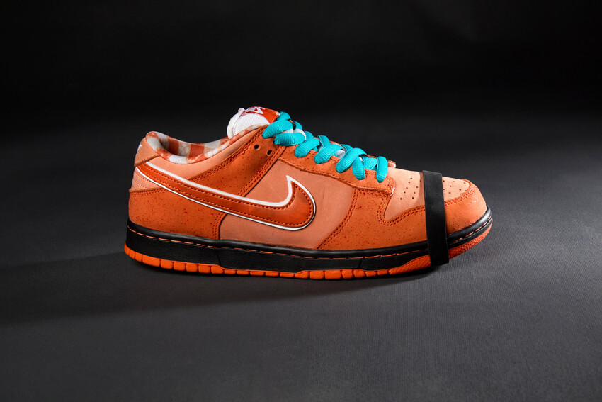 A pair of multi-tone orange suede and leather sneakers with large Nike swoop on side, orange and white picnic table print interior, and black and orange rubber soles, bright blue shoelaces, and a rubber lobster claw style band on around the toe.