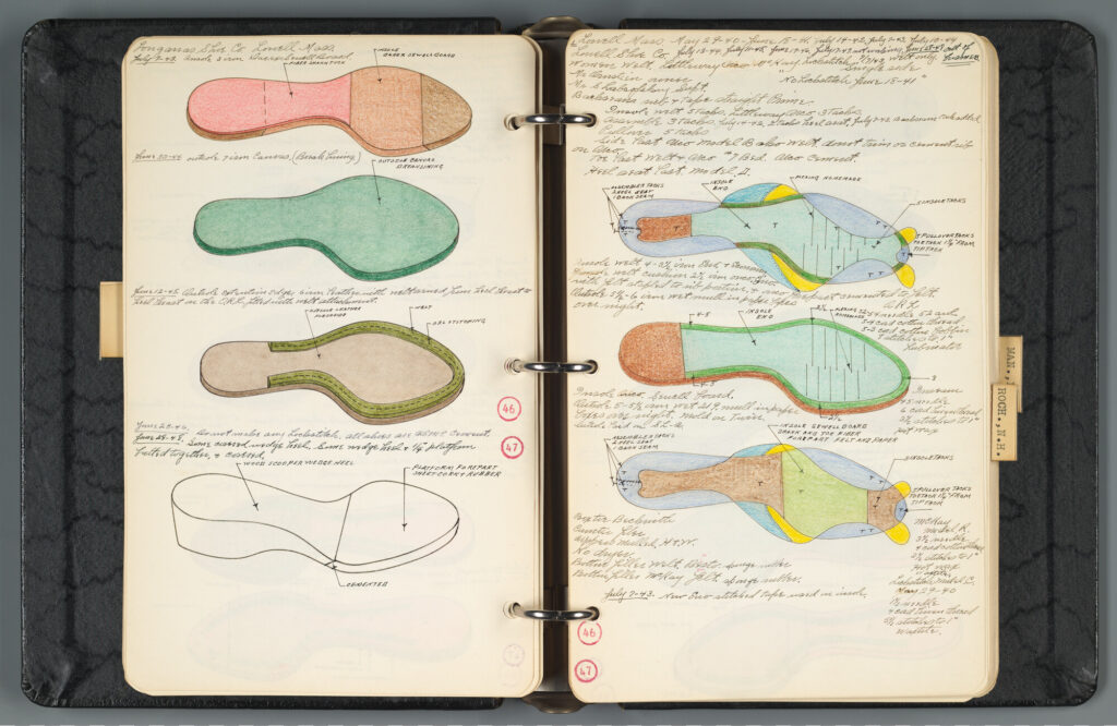 A black three ring binder laying open to reveal two cream-colored pages with multicolored drawings of shoe soles and notes in small slanted handwritten script regarding materials and production.