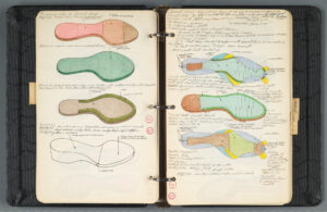 A black three ring binder laying open to reveal two cream-colored pages with multicolored drawings of shoe soles and notes in small slanted handwritten script regarding materials and production.