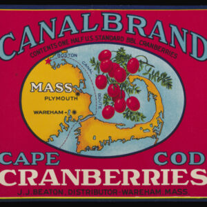 A label for Canal Brand Cape Cod Cranberries on a bright red background, with a map of Cape Cod and a giant bunch of cranberries at center. The caption notes J. J. Beaton as the distributor in Wareham, Mass.