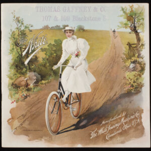 A square cover for a brochure, featuring a woman in a long white dress and flat white hat riding a bicycle down a dirt road. She is set against a landscape with trees and grass visible in the background and another bicyclist in the distance.