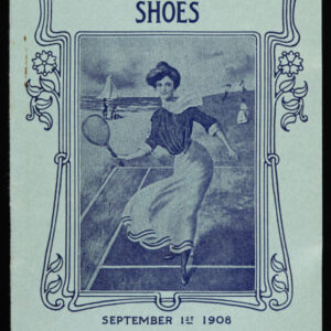 The front cover a trade catalogue made of light blue paper and with an Art Nouveau style floral boarder around the words “United States Rubber Co’s Tennis Yachting & Gymnasium Shoes” above a drawing of a White woman with bouffant hair, long sleeve blouse, neck scarf, and long skirt playing tennis at the beach with a boat and people playing behind her. The bottom reads: “September 1st 1908.”