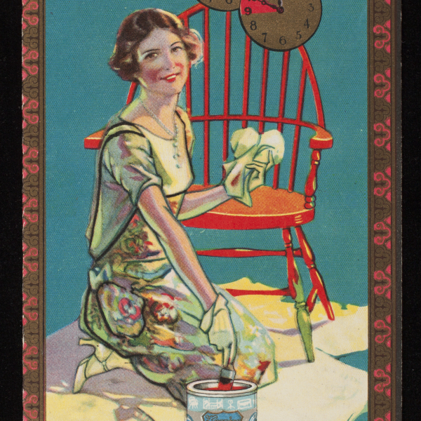 A tall, slim blue brochure with vertical borders of gold and red. At center, a young woman with curled hair, a dress, and heels sits on the ground next to a red wooden chair, dipping a paintbrush into a can of finish.