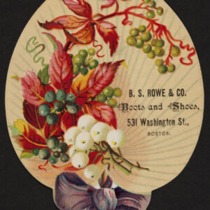 A open-fan-shaped trade card decorated with blue, green, and white berries and red stems, with a purple bow tied around the fan’s handle.