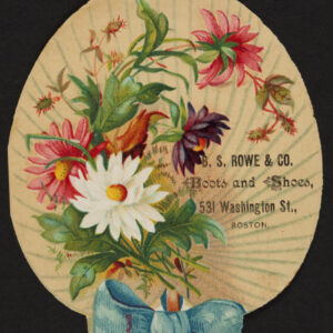 A open-fan-shaped trade card decorated with pink, purple, and white flowers and green stems, with a blue bow tied around the fan’s handle.