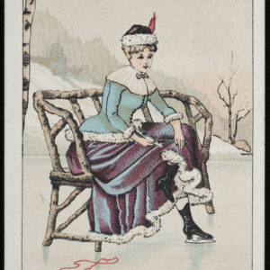 A tall rectangular trade card with a delicate but detailed illustration of an elegantly-dressed woman perched on a bench on ice putting on her ice skates. A red bag reading "Silver King" lies on the ice.
