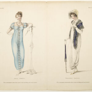 A page removed from a book. On the left side, a young woman in a long blue dress with the caption Ball Dress. On the right side, a young woman in a long white dress, black shawl, and white hat, with the caption Walking Dress.