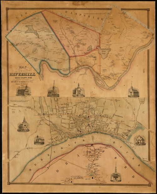 A map split into top and bottom parts. The top part features a wider view of Haverhill, with the river at the bottom and New Hampshire at the top. The bottom part zooms into downtown Haverhill, which has many buildings and streets north of the river but only a few south of the river in Bradford.