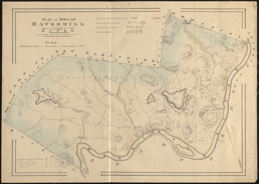 An irregularly-shaped map with the Merrimack River as the bottom edge, the border with Amesbury with the top right edge, the border with New Hampshire as the top center and left edge, and the border with Methuen as the bottom left edge. The map is topographic and shows the many hills around the 1831 town of Haverhill, with a few streets.