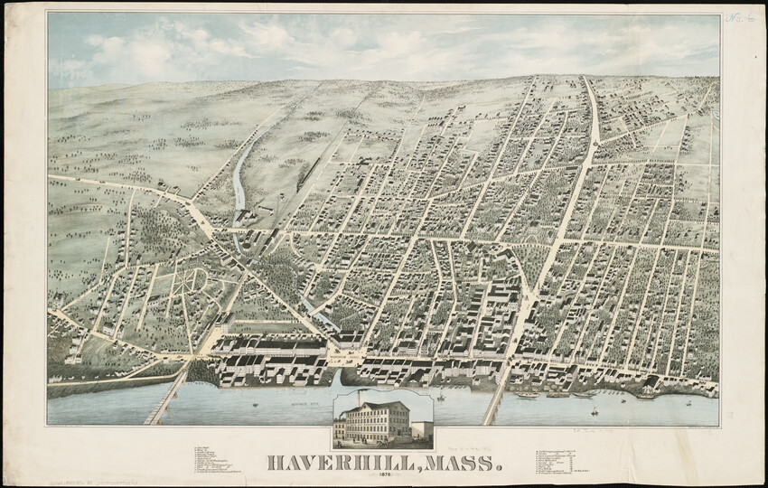 A bird’s-eye view of downtown Haverhill drawn in rough 3D, with a range of tightly-packed buildings along light-colored streets. The Little River is visible along Essex Street, and drains into the Merrimack River at the bottom.