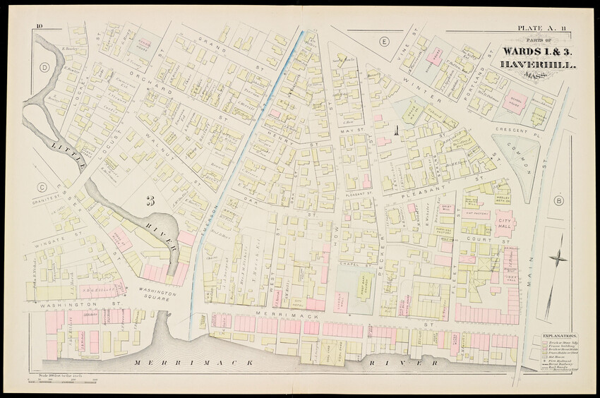 One plate from a larger atlas of Haverhill, showing parts of Wards 1 and 3. The Little River is visible along Essex Street. Tightly-packed buildings are mostly yellow (wood) with many pink (brick) buildings at the bottom of the map along Merrimack Street.