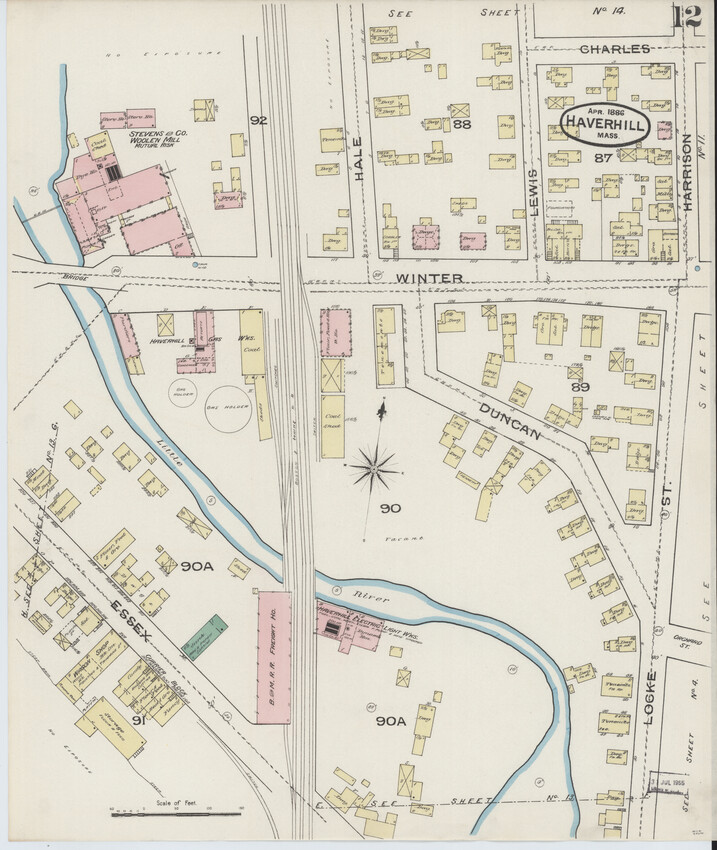 One plate from a larger fire insurance map of Haverhill, showing from Essex Street to Winter Street with the railroad line splitting the map at center. The Little River is visible passing underneath the railroad line.