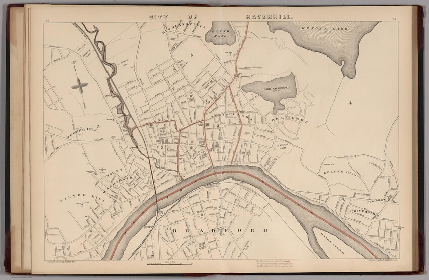 A black and white map of downtown Haverhill, with red lines showing the borders of the town’s wards and the boundary through the Merrimack River with Bradford. Street names are visible, including Essex Street, Granite Street, Wingate Street, and Washington Street.