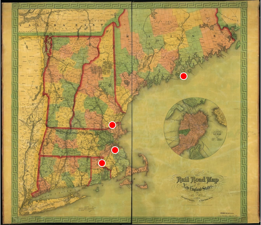 A map showing the New England states of Maine, New Hampshire, Vermont, Massachusetts, Connecticut, and Rhode Island. The map includes lines across town and state borders showing the railroad lines criss-crossing the region in 1843.