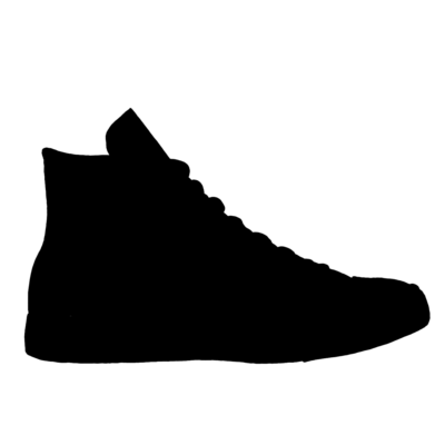 A black shoe silhouette of a hightop sneaker.
