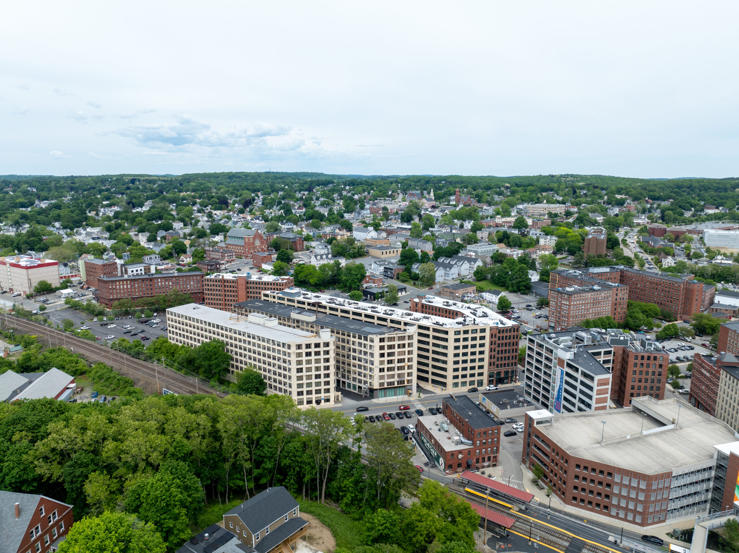 A photo of an aerial view of downtown Haverhill including The Historic New England Center.