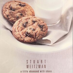 A magazine ad showing a plate of chocolate chip cookies with shoe-shaped chips and a glass of milk. Below, the text reads, "Stuart Weitzman: a little obsessed with shoes."