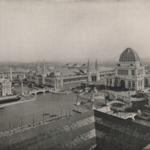 A landscape view from the top of a building, with several canals and large white neoclassical buildings visible.