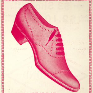 A magazine ad in bright scarlet ink with an illustration of a man's laced dress shoe at center, with the text "one of many handsome shapes made by Hazen B. Goodrich & Co. Haverhill, Mass." below.