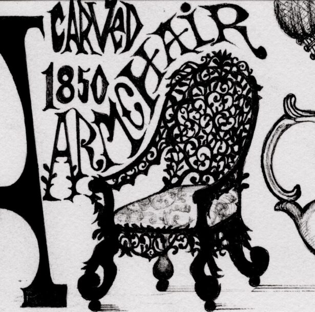 A large letter A and the words “Carved 1850 armchair.” A wooden armchair with elaborately carved swirling designs. Text reads “Abolitionist Tea Pot 1835.” A gloved hand reaches for the lid of a teapot. The teapot features an image of an enslaved Black man with chained wrists, kneeling and looking up to the sky. Steam rises from the spout of the teapot.