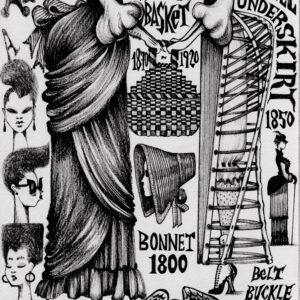 Text, continuing from the large letter A on the previous page, reads “Is for Afro.” A Black woman wearing eyeshadow and lipstick looks straight ahead with a slight smile. She wears her hair in an afro. Below her, three smaller figures wear their hair in natural styles curved into various shapes, the first two with hair curving upward like waves and the third with her hair in a square shape. Several large uppercase letter Bs. Text reads “B is for Bustle and for woven basket 1870-1920.” Two women face each other. The woman on the left wears her hair up and covered by a feathered hat. She wears dangling earrings, gloves, and a floor length dress with a bustle. The woman facing her wears her hair down and a plain dress which opens up to reveal the structure of the bustle. Her stockings, bloomers, and heeled shoes are visible through the bustle. The two women hold the handle of a woven basket with a checkered pattern. A smaller figure to the right of both of them wears a feathered hat and a long dress with a bustle and holds a cane. Text reads “B is for brooch of braided human hair 1850. Bustle underskirt 1850.” A brooch in a bow shape, made out of braided human hair. Text reads “Bonnet 1800.” The profile of a woman looking to the side, wearing a large bonnet which covers the side of her face. The bonnet is tied in the back with a large bow. Text reads “Belt buckle 1900.” A belt with a large buckle shaped like a bird with wings outstretched.