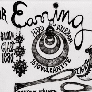 At top, the word earring. Hanging from it are two earrings: a series of three concentric circles make an earring which is labeled "Hard Rubber 1870 Vulcanite" and a series of three spiky spheres labeled "Blown Glass 1880." Text reads “E is for earring and eyeliner and false eyelashes.” Three earrings hang off the word “earring.” The first earring from the left, labeled “Blown glass 1880” is made of three balls are stacked together on one chain, each bigger than the last. Each has several small spikes. The second earring, labeled “Hard rubber 1870 vulcanite,” is made of three rings: the outer ring is the largest, the second inner ring is smaller, and the center ring is the smallest. The last earring is a tiger claw decorated with painted designs and made into an earring with metal hardware. Text reads “Tiger claw 1815.” To the left of these two earrings is a large earring shaped like a lace wing moth with two large wings. The earring is made of glass cut into several geometric shapes. Text reads “1869 Faceted glass lacewing moth earing.” To the right of the moth earring is pair of round eyeglasses. These glasses have two hinges, one on either side of the frames and the other halfway down the arms of the glasses. Two eyes look out from behind the frames. Text reads “Double hinged eyeglasses 1760.” Below the words “Eyeliner and false eyelashes” is a person’s face applying eyeliner with a pencil. Their other eye is already lined and wearing false eyelashes. Several false eyelashes float around the person’s body.