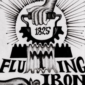 A hand grips the handle of a lamp. Above the handle, this lamp has a curved arm that can be used to hang it. On the other side of the lamp, a flame burns. Nearby text reads, “Ipswich Betty lamp.” To the right is the upper part of the same kind of lamp suspended from a hook. A hand holds the handle of a fluting iron. This iron has two parts: one part with a handle which has a curved body and another part with a flat bottom. Both pieces of the iron have raised ridges. A piece of fabric lies between the two parts. Text surrounding the image reads,” 1825 fluting iron.” The letter “T” in fluting is written on the fabric being ironed.