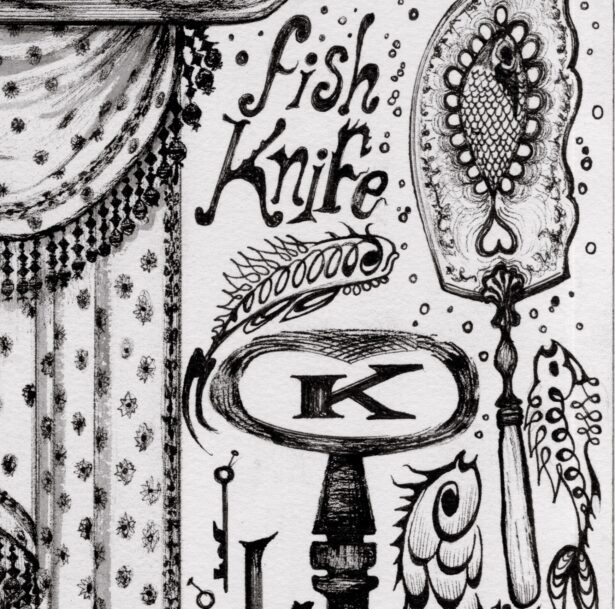 Text reads “Jabot curtain 1824.” Above this text is a patterned curtain with fringe draped on a curtain rod. Below this curtain is woman with her hair worn up wears several pieces of jet black jewelry: a large star on the top of her head, two star earrings, and a necklace with several stars. She wears a high collared blouse. Nearby text reads “Jet black jewelry 1875.” To the right is a large key with a stylized geometric design. Around this large key are several smaller keys. Nearby text reads “K is a key.” Above, text reads, “Fish knife.” A knife with a large blade. The center of the blade features a fish design. Around this knife are three fish swimming.