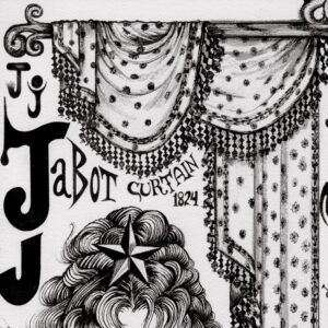 Text reads “Jabot curtain 1824.” Above this text is a patterned curtain with fringe draped on a curtain rod. Below this curtain is woman with her hair worn up wears several pieces of jet black jewelry: a large star on the top of her head, two star earrings, and a necklace with several stars. She wears a high collared blouse. Nearby text reads “Jet black jewelry 1875.” To the right is a large key with a stylized geometric design. Around this large key are several smaller keys. Nearby text reads “K is a key.” Above, text reads, “Fish knife.” A knife with a large blade. The center of the blade features a fish design. Around this knife are three fish swimming.