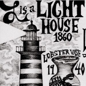 Text reads “L Is a lighthouse 1860 and a lipstick.” A large striped lighthouse emitting a glowing beam of light through the fog. Below this, text reads “Lobster vase 1940.” A vase with the design of a large lobster. Below this, a lantern with a wide glass body, a cone shaped top, and a circular handle. Surrounding the lantern is the text “Lantern 1800.” The letter N curves up to form a hand holding a tube of lipstick. The hand applies this lipstick to the mouth of a woman with a short black bob. She wears a long necklace. The end of the necklace is not visible here, but it ends on the next image with a square shaped design of leaves and berries. On the woman’s neck are the words “N is a carved jade necklace.” To the right is a long stemmed vase shaped like a flower with large curved petals. Text reads, “Tiffany vase art nouveau.” Surrounding the vase is the date “1890.” To the right is a woman wearing a hat, a high-necked cape, and a long skirt. The brim of the hat is lined with ostrich feathers with a large plume draping off the brim. The cape has lines of ostrich feathers running down the front. Text nearby reads “O is a cape of ostrich feathers 1880.” To the left is an ostrich egg carved with several designs. At the center are the letters INAF. Below these letters is the date 1802 and above are two hearts with arrows shooting through them. Two carved branches frame these designs. Text below the egg reads, “Wedding ostrich egg.” Below are two salt and pepper shakers shaped like owls. The heads of both owls have several small holes for pouring salt and pepper. Nearby text reads, “Owl salt and pepper shakers 1870.” The word “Owl” is written over the bodies of the birds. Text reads “Ivory opera glasses.” A pair of round opera glasses with two eyes peering through the lenses.