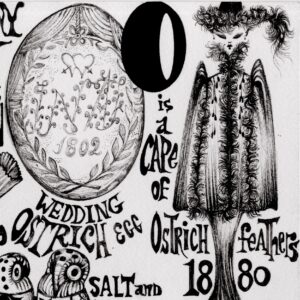 Text reads “L Is a lighthouse 1860 and a lipstick.” A large striped lighthouse emitting a glowing beam of light through the fog. Below this, text reads “Lobster vase 1940.” A vase with the design of a large lobster. Below this, a lantern with a wide glass body, a cone shaped top, and a circular handle. Surrounding the lantern is the text “Lantern 1800.” The letter N curves up to form a hand holding a tube of lipstick. The hand applies this lipstick to the mouth of a woman with a short black bob. She wears a long necklace. The end of the necklace is not visible here, but it ends on the next image with a square shaped design of leaves and berries. On the woman’s neck are the words “N is a carved jade necklace.” To the right is a long stemmed vase shaped like a flower with large curved petals. Text reads, “Tiffany vase art nouveau.” Surrounding the vase is the date “1890.” To the right is a woman wearing a hat, a high-necked cape, and a long skirt. The brim of the hat is lined with ostrich feathers with a large plume draping off the brim. The cape has lines of ostrich feathers running down the front. Text nearby reads “O is a cape of ostrich feathers 1880.” To the left is an ostrich egg carved with several designs. At the center are the letters INAF. Below these letters is the date 1802 and above are two hearts with arrows shooting through them. Two carved branches frame these designs. Text below the egg reads, “Wedding ostrich egg.” Below are two salt and pepper shakers shaped like owls. The heads of both owls have several small holes for pouring salt and pepper. Nearby text reads, “Owl salt and pepper shakers 1870.” The word “Owl” is written over the bodies of the birds. Text reads “Ivory opera glasses.” A pair of round opera glasses with two eyes peering through the lenses.