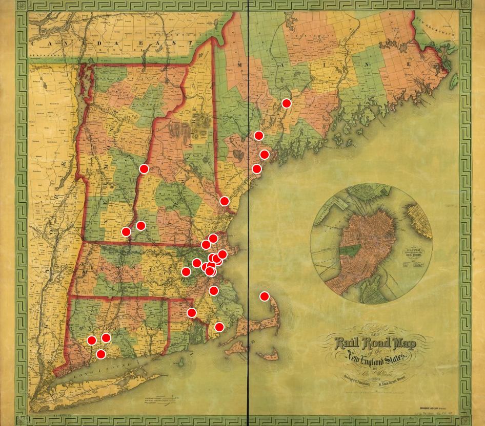 A map showing the New England states of Maine, New Hampshire, Vermont, Massachusetts, Connecticut, and Rhode Island. The map includes lines across town and state borders showing the railroad lines crisscrossing the region in 1843.