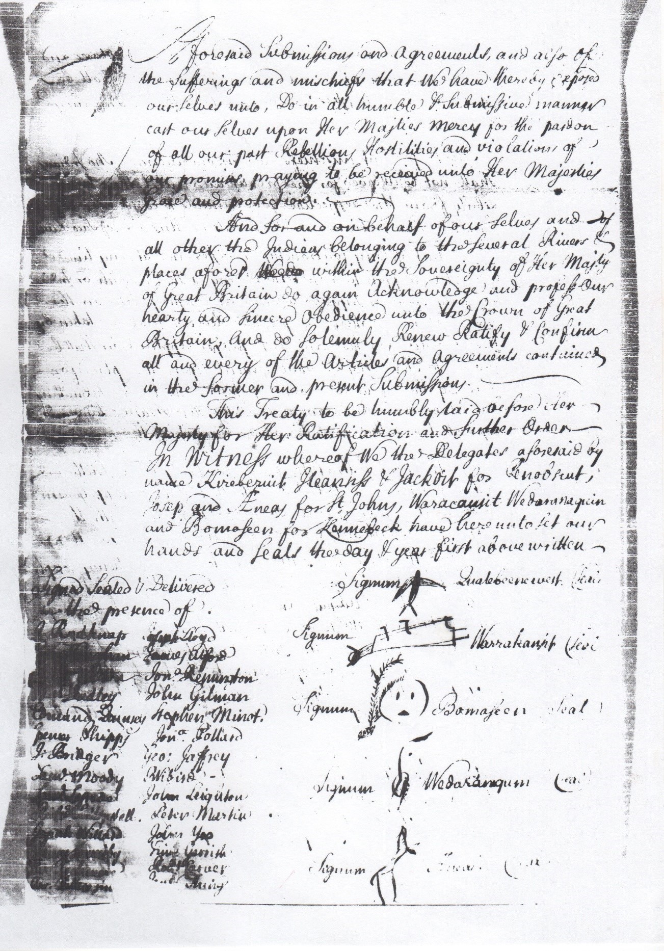 Fascimilie of a treaty between colonists and Indigenous people. 
