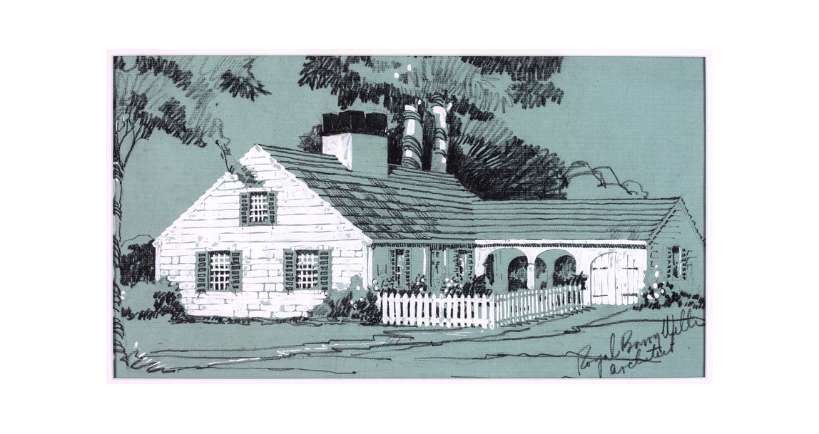 Elevation drawing from "Better Homes for Budgeteers." WILLS, ROYAL BARRY (1895-1962) Architect. Caption for BSA Space exhibition November 2015: Illustration from Better Homes for Budgeteers, Royal Barry Wills, c. 1940.