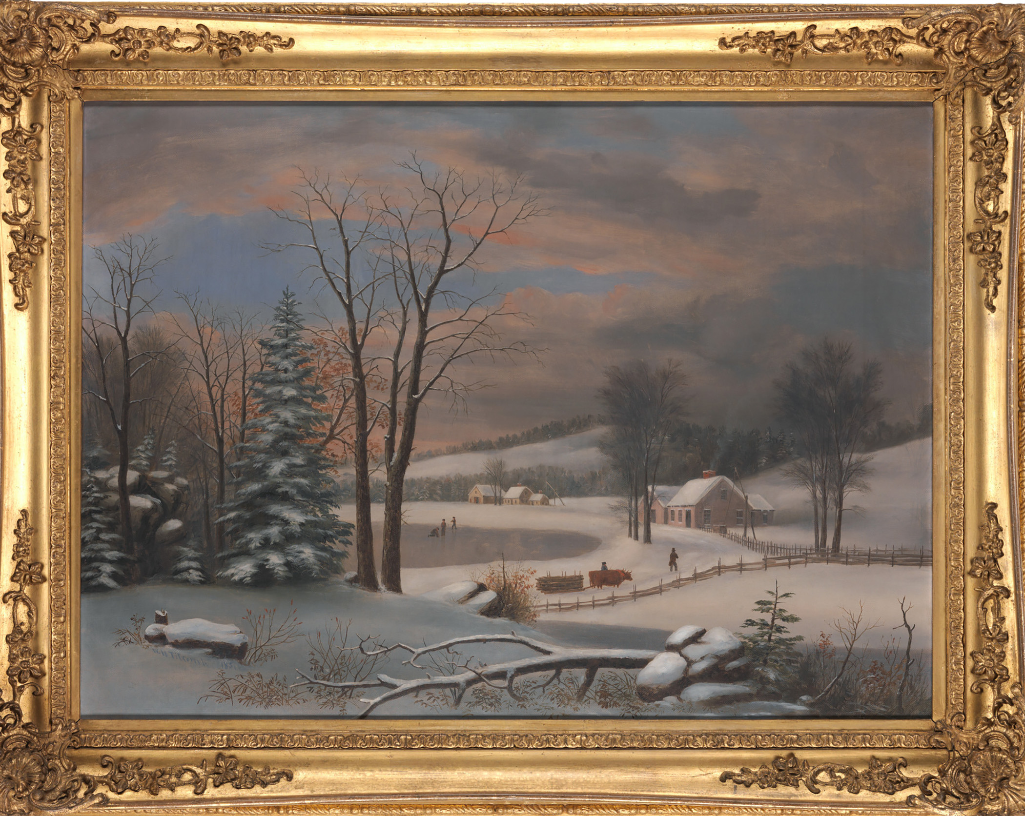 "Winter Scene" painting showing snowy landscape, skaters on a pond, oxen wagon, and houses with outbuildings.