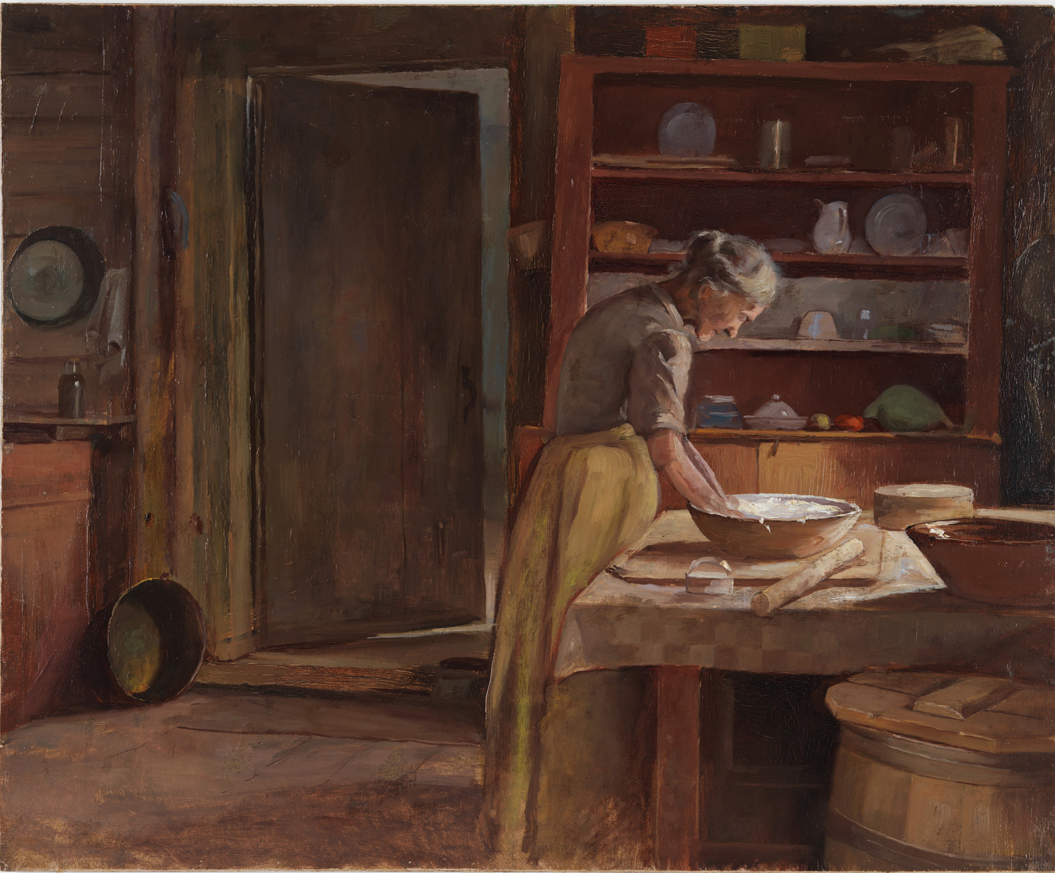 Painting by unknown artist of woman working in the kitchen