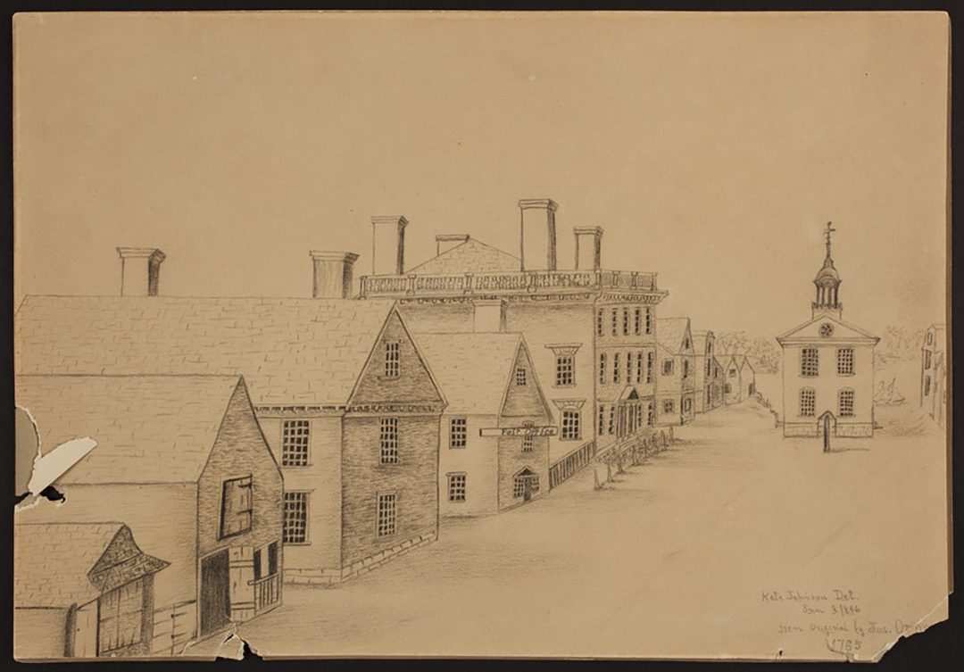 Early drawing of town showing post office