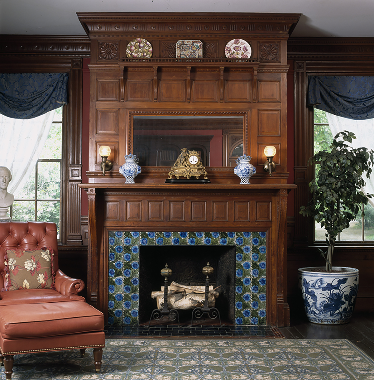 Library fireplace at Lyman Estate