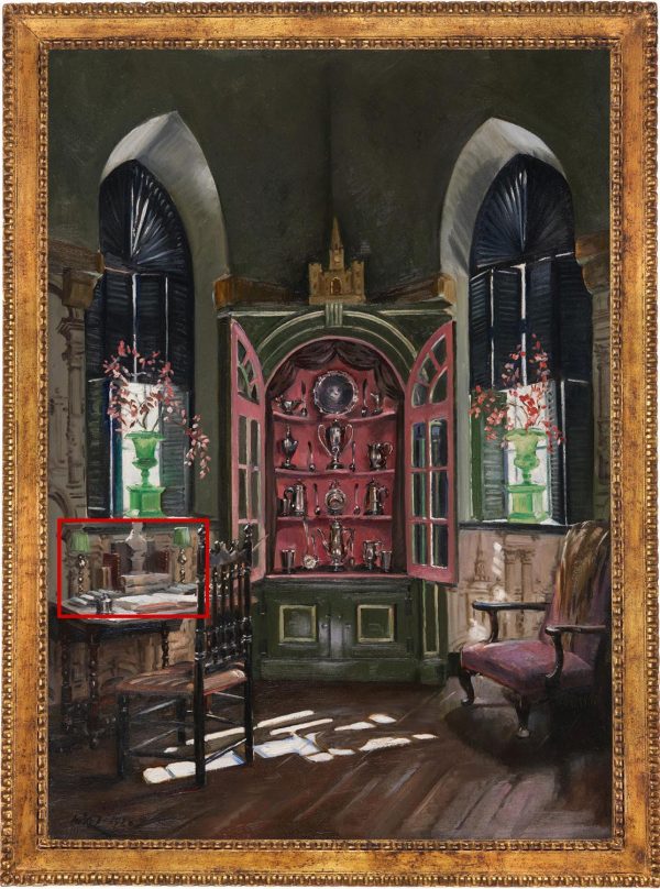 Painting of the Chapel Chamber in Beauport, the Sleeper-McCann House with a red box indicating two lamps on a desk.