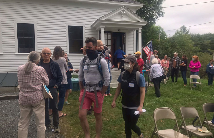 Guests at celebration for reopening Root Schoolhouse in Norwich, Vt.