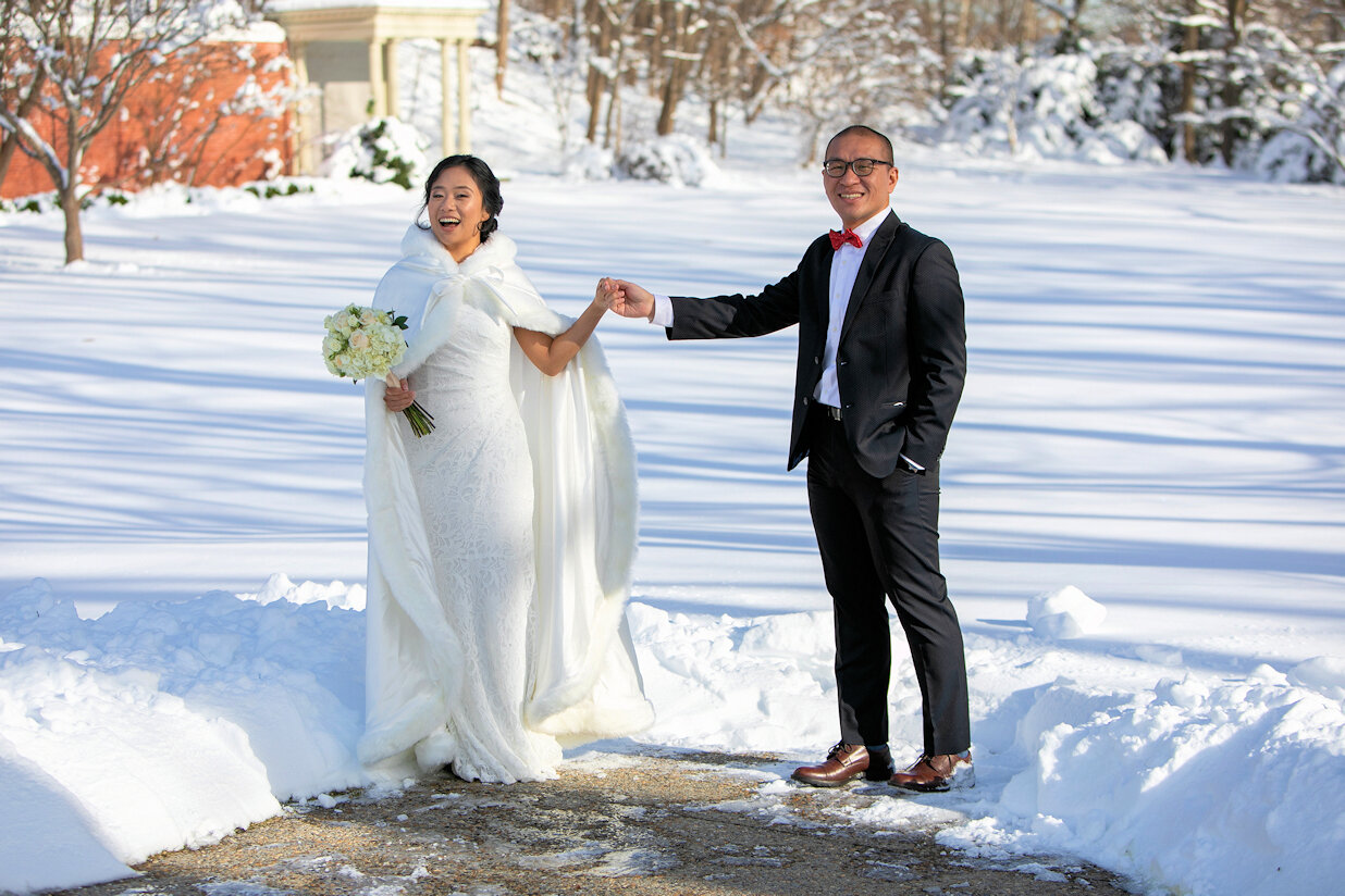 Bride and groom in a snowy landscape